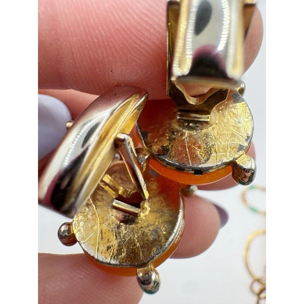 Vtg Orange Moon glow Thermoset Cabochon Round Cufflinks Menswear MCM Mid Century